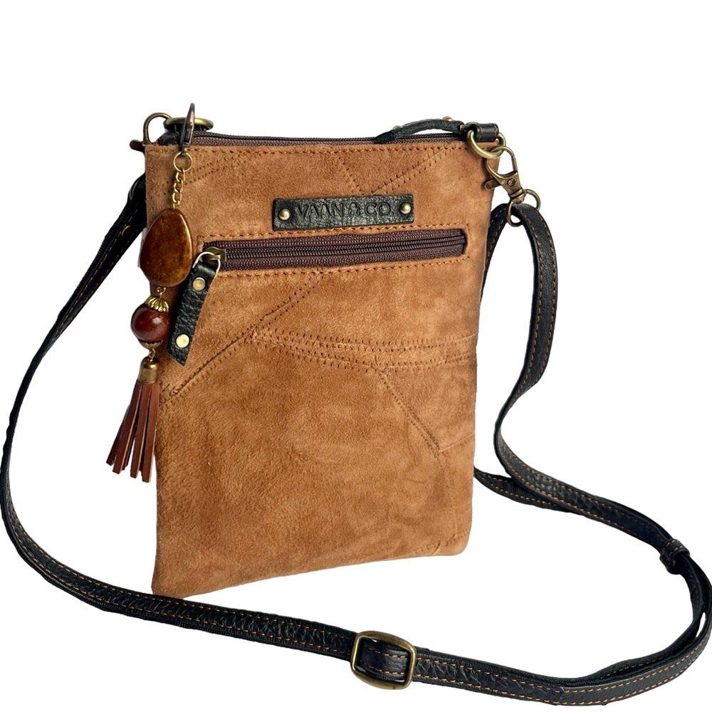Tan Suede Leather Crossbody Bag | Boho Patchwork Tassel Purse